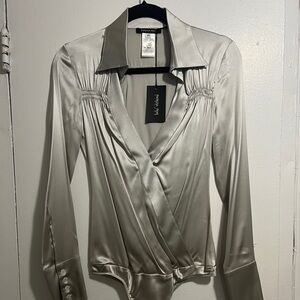 NWT-Patrizia Pepe Silver Satin Bodysuit